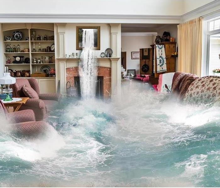 Living room with large amount of water pouring in